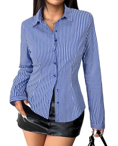 Gleeivy Women's Striped Button Down Shirts Y2k Crop Tops V Neck Collared Slim Fit Blouses Flare Sleeve Streetwear