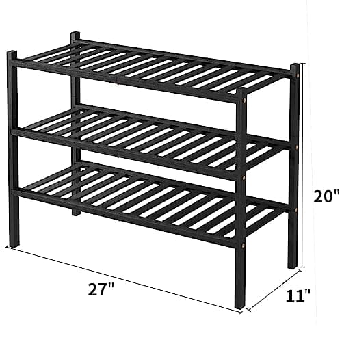 Black 3 Tier Bamboo Shoe Rack for Closet Free Standing Wood Shoe Shelf Storage Organizer for Entryway Small Space Stacka