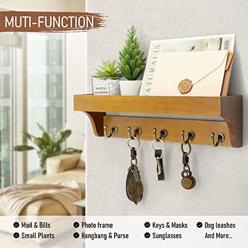 Rebee Vision Farmhouse Mail Rack for Home Decor: Wall Mount Key Holder with Shelf (Light Brown)