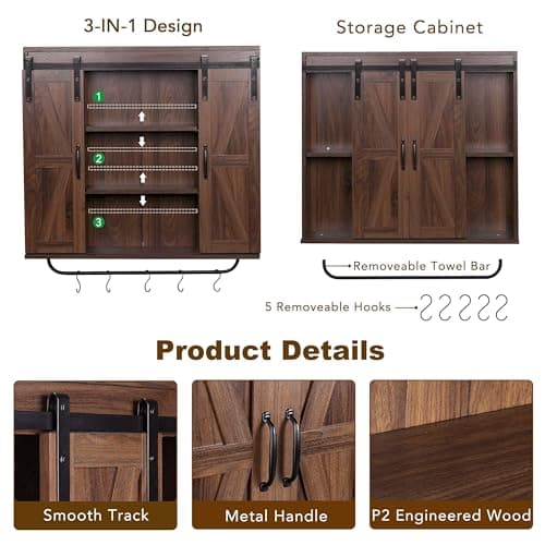 RUSTOWN Dark Walnut Rustic Wood Wall Storage Cabinet with Two Sliding Barn Door, 3-Tier Decorative Farmhouse Vintage Cab