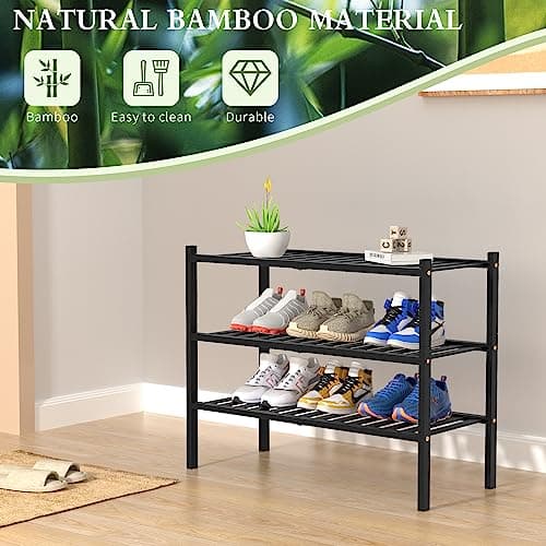 Black 3 Tier Bamboo Shoe Rack for Closet Free Standing Wood Shoe Shelf Storage Organizer for Entryway Small Space Stacka
