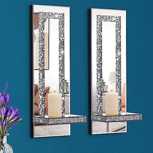 Crystal Crush Diamond Mirrored Candle Sconces, Silver Wall Candle Holder Set of 2, Living Room and Dining Room Decor (Re