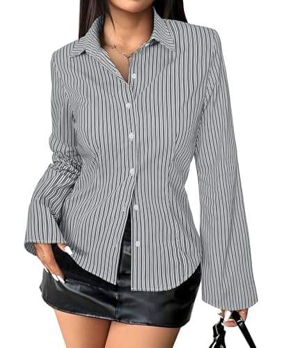 Gleeivy Women's Striped Button Down Shirts Y2k Crop Tops V Neck Collared Slim Fit Blouses Flare Sleeve Streetwear
