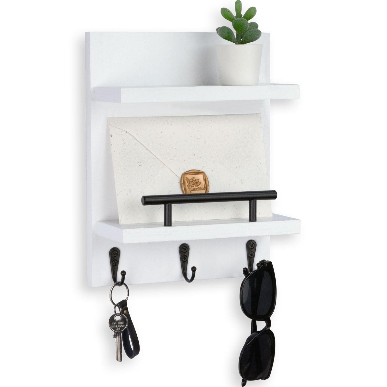 White Key Holder Wall Mount Mail Shelf Decor with 3 Key Hooks Versatile Wood Wall Organizer for Entryway Hallway (8.2” x