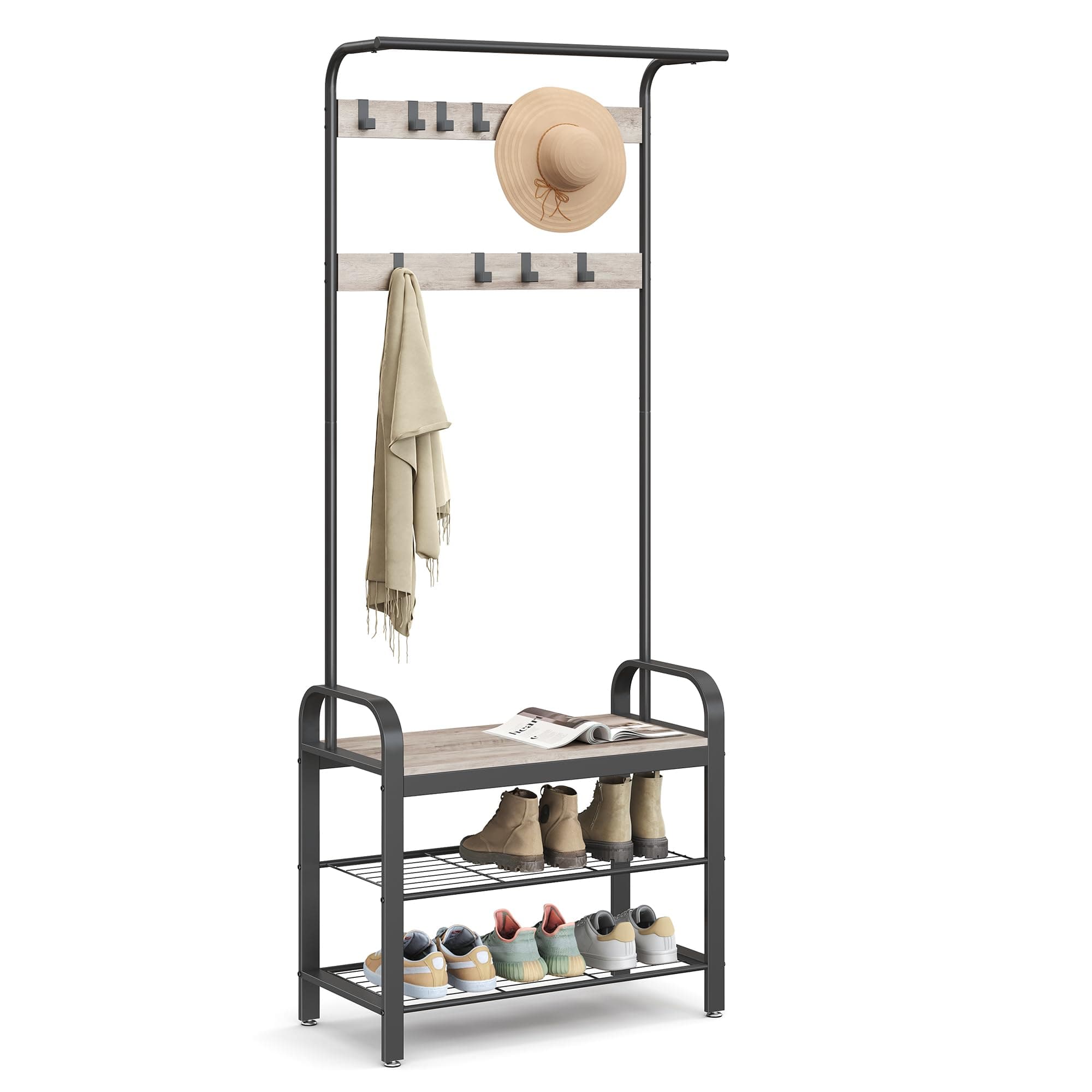 VASAGLE UHSR40MB Coat Rack, Hall Tree with Shoe Bench for Entryway, 4-in-1 with 9 Hooks and Hanging Rod, Greige and Blac