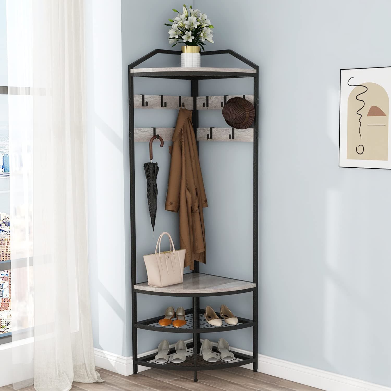 GiftGo Grey Corner Hall Tree with Shoe Bench (Greige) for Home Office Bedroom