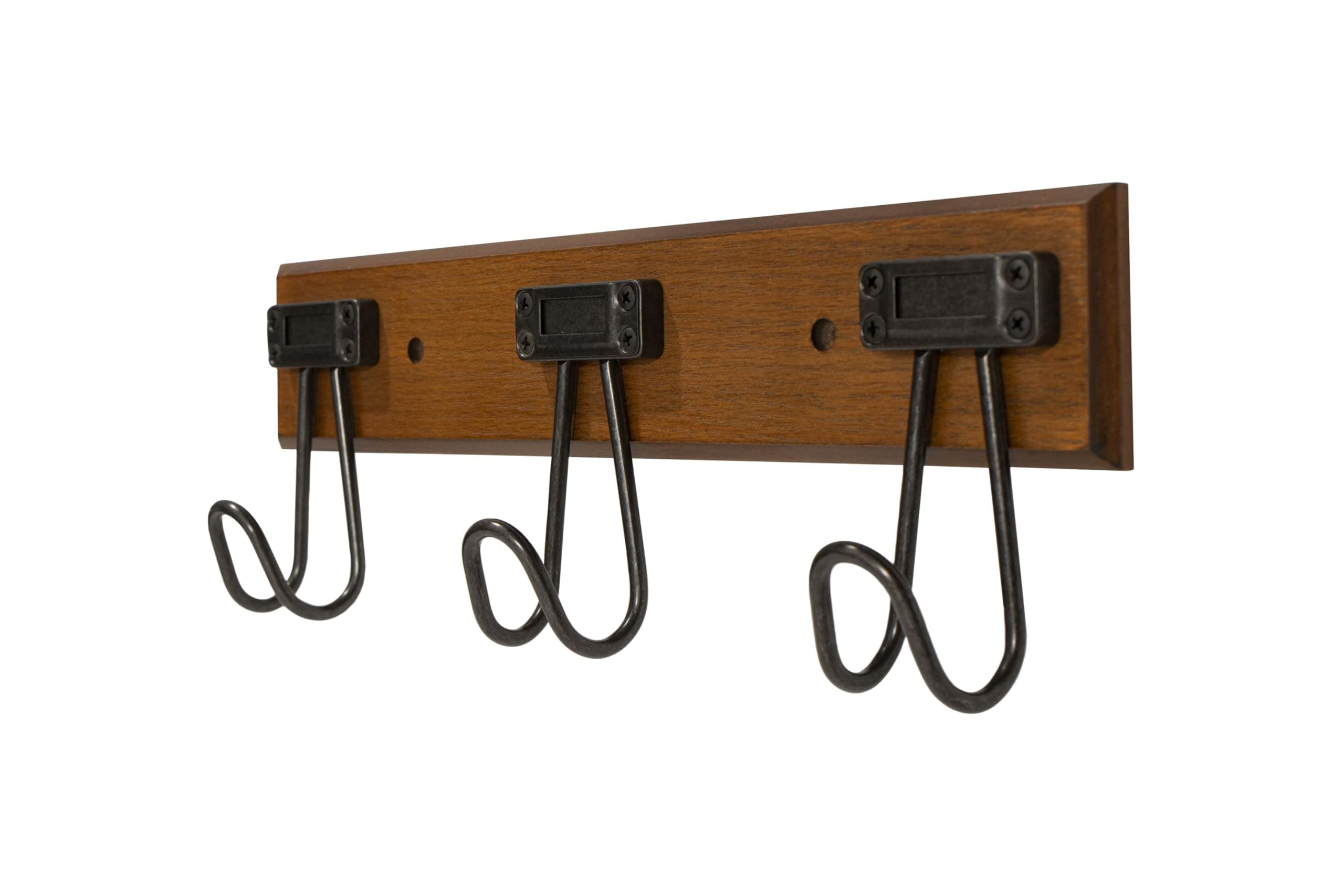 16" Wall Mounted Label Hook Rack with 3 Hooks, Walnut and Soft Iron Finish, for Entryway and Hallway - Multi-Use Storage
