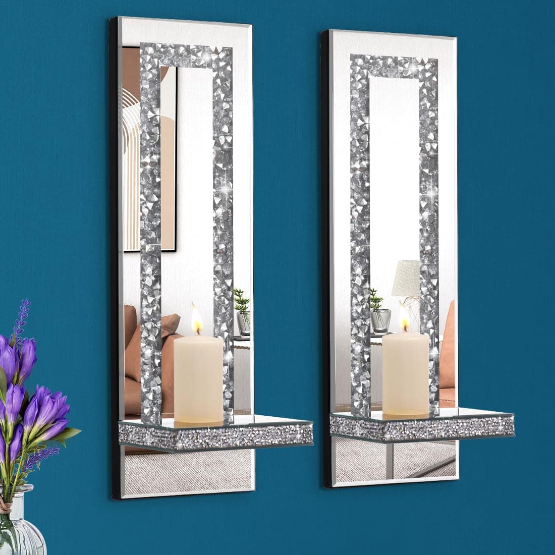 Crystal Crush Diamond Mirrored Candle Sconces, Silver Wall Candle Holder Set of 2, Living Room and Dining Room Decor (Re