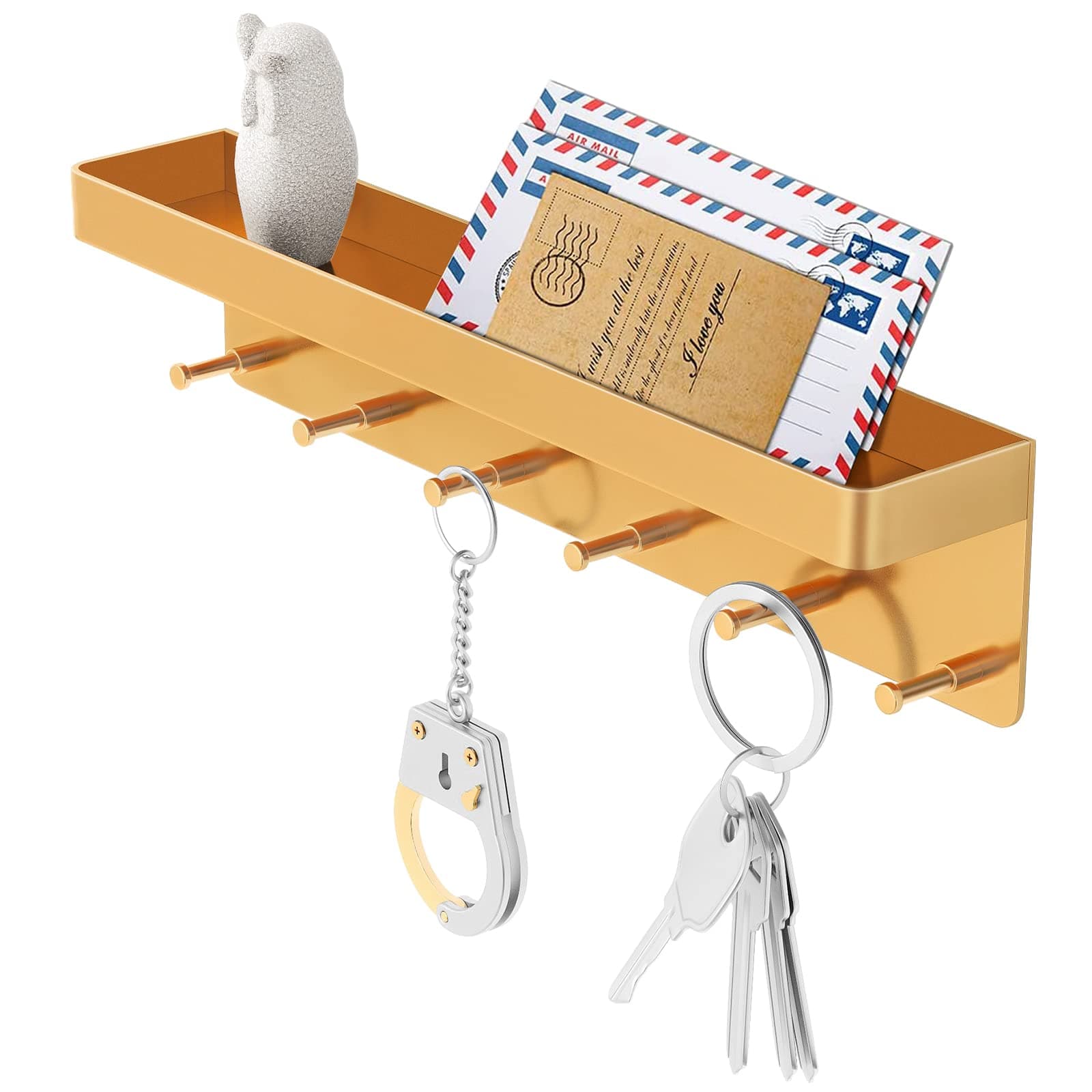MKO Mail Organizer Key Holder for Wall, Gold, 6 Key Hooks Wall Mount Adhesive Tray Hallway Organizer