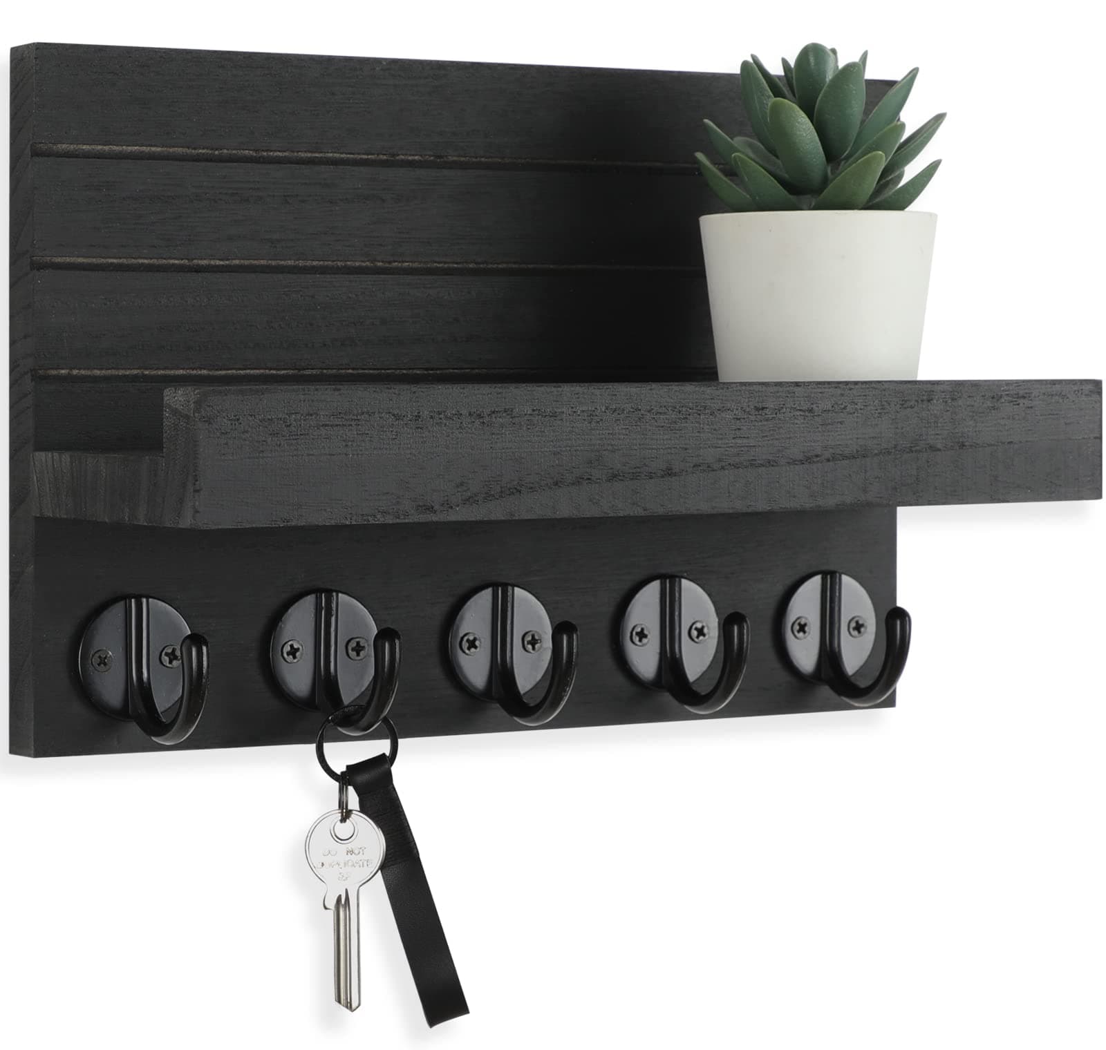 Decorative Wall Key Holder and Mail Organizer with Shelf for Bags and Coats - Paulownia Wood Key Hanger (9.8”W x 6.7”H