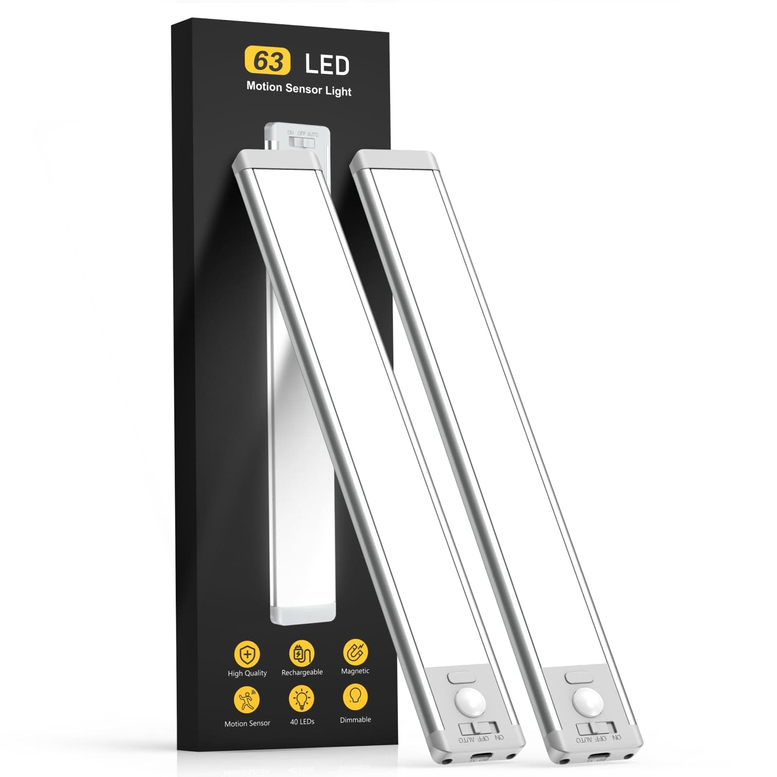 63 LED Rechargeable Battery Operated Motion Sensor Light Indoor 2 Pack Magnetic Dimmable Closet Lights for Kitchen, Sta
