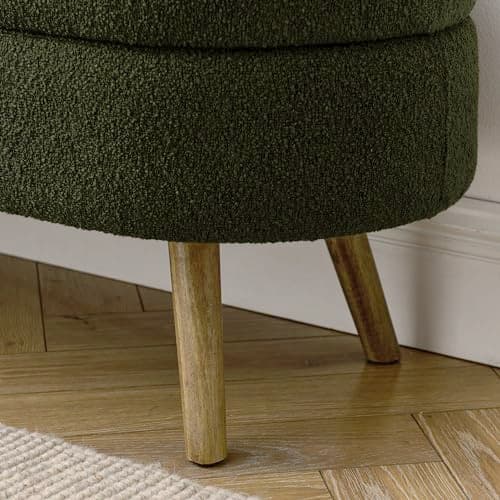 Dark Green Linen Fabric Upholstered Oval Storage Bench with Solid Wood Legs for Living Room/Bedroom/End of Bed/Entryway