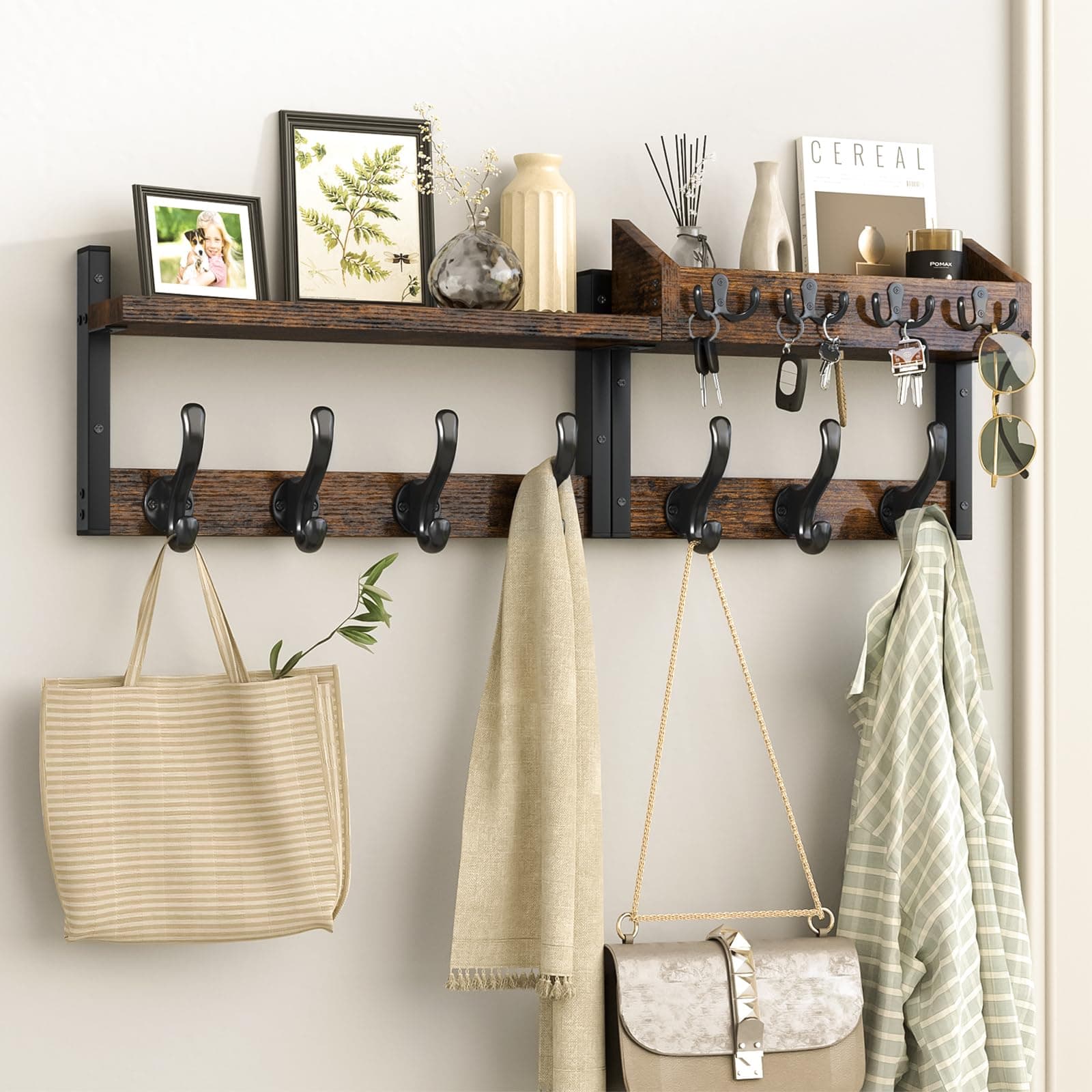 Rustic Brown 29" 4 in 1 Coat and Key Hanger Coat Rack with 11 Metal Hooks for Entryway and Living Room  
Rustic Brown 29