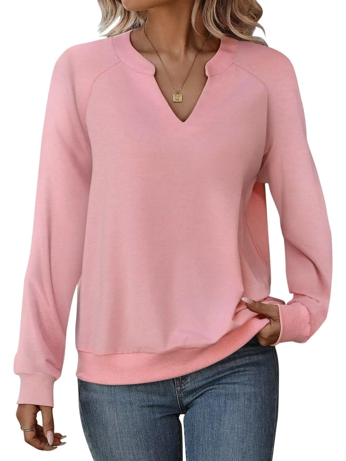 EADINVE Women Casual Long Sleeve V Neck Sweatshirts Cute Loose Fit Lightweight Pullover Tops for Comfortable Everyday We