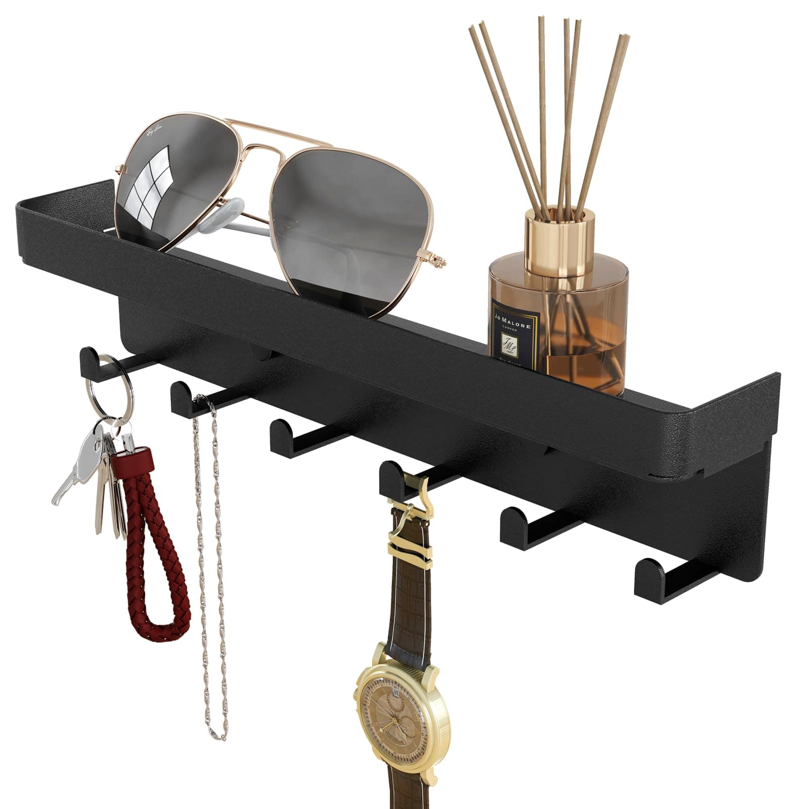 Rustic Key Holder for Wall with Shelf Metal Matte Black, Small Key Organizer for Entryway Hallway Living Room Decor, 6 K