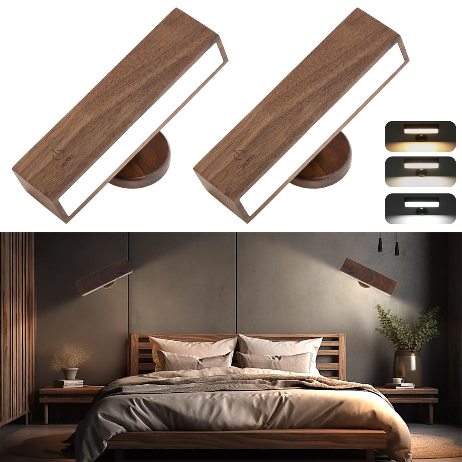 Wireless Dimmable Battery Operated Led Wall Sconces 2 Pack for Bedroom (Black Walnut)  
Rechargeable 3 Color Temperature