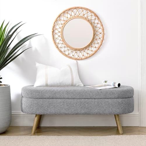 Dark Green Linen Fabric Upholstered Oval Storage Bench with Solid Wood Legs for Living Room/Bedroom/End of Bed/Entryway