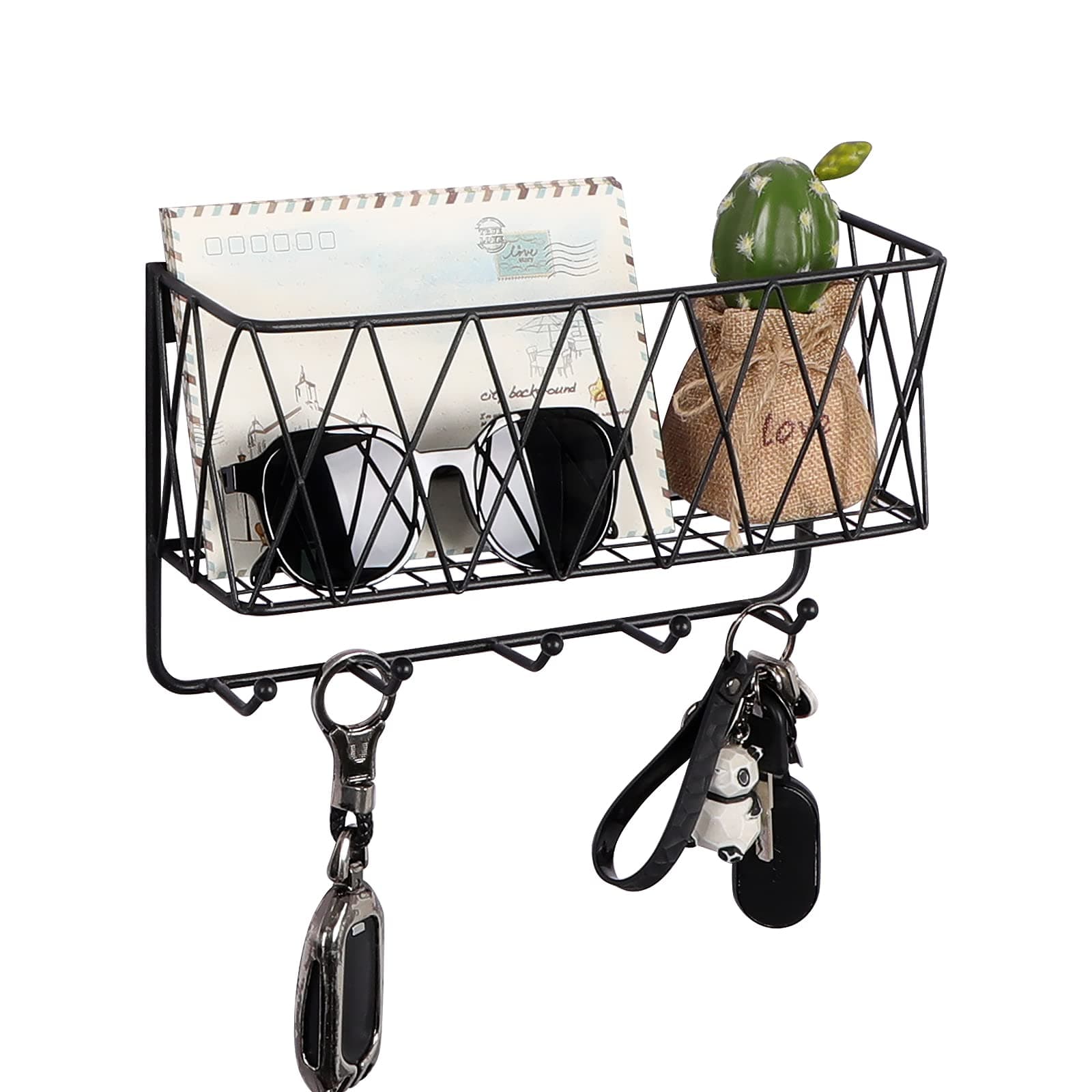 OROPY Entryway Mail Holder for Key Hooks
| Wall Mounted Matte Black Metal Wire Mesh Storage Basket
| Easy to Organize L