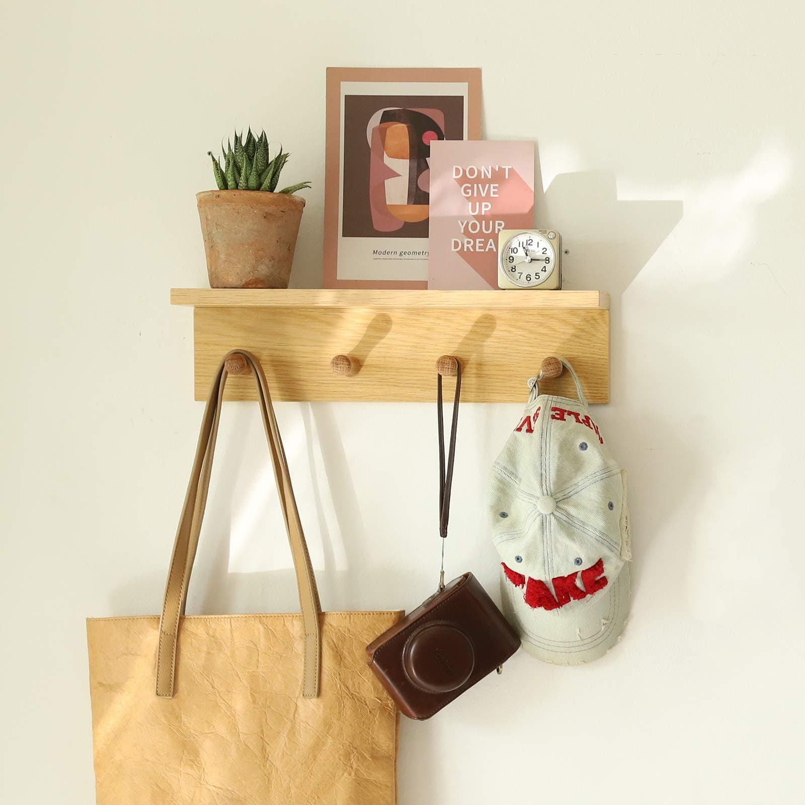 Sturdy Oak Finish Wall Mount Coat Rack with Shelf Save Indoor Space Suitable for Entryway, Mudroom, Kitchen, Bathroom
