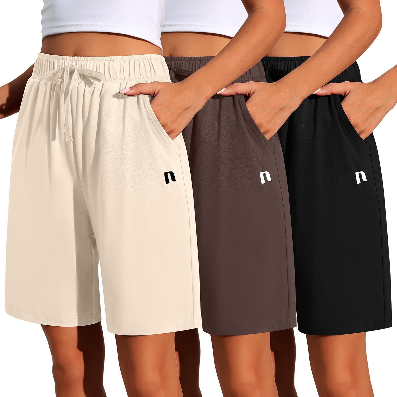 Neer 3 Pack Women's Quick Dry Drawstring High Waisted Bermuda Shorts with Pockets for Sports
