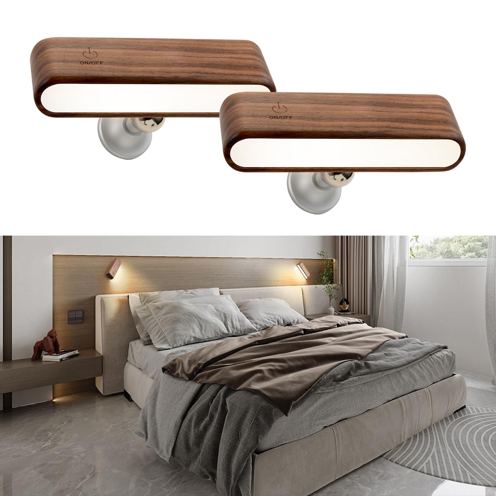 Magnetic 360° Rotatable Wood LED Wall Sconce for Hall Bedside and Living Room Black Walnut Battery Powered Adjustable B