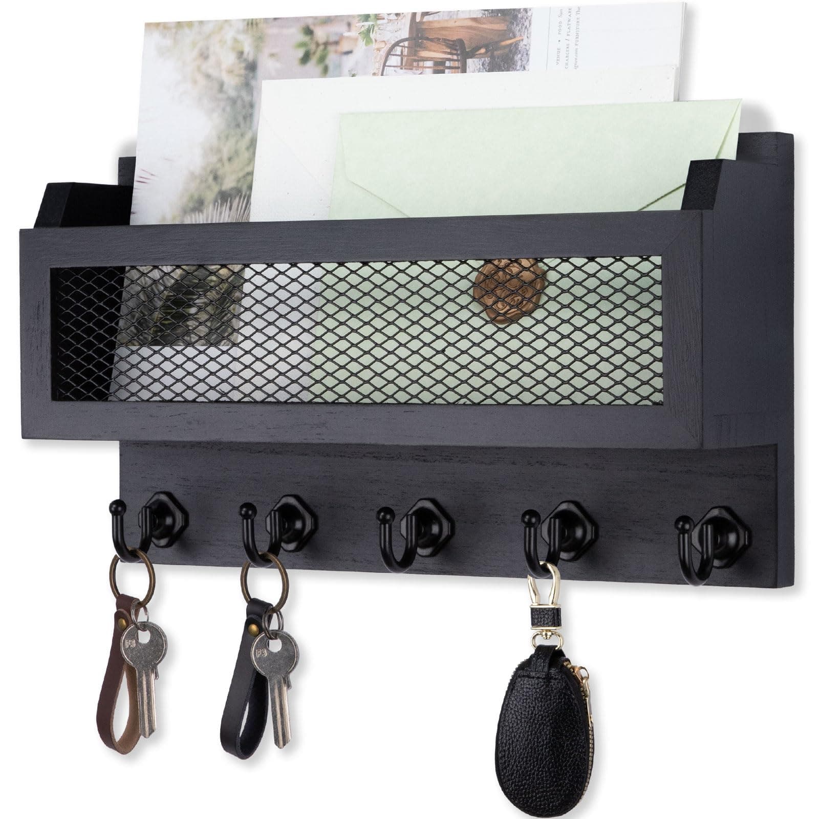 Nekon Black 11 Inch Wooden Wall Key Organizer for Entryway Hallway Decorative Key Holder Storage Shelf