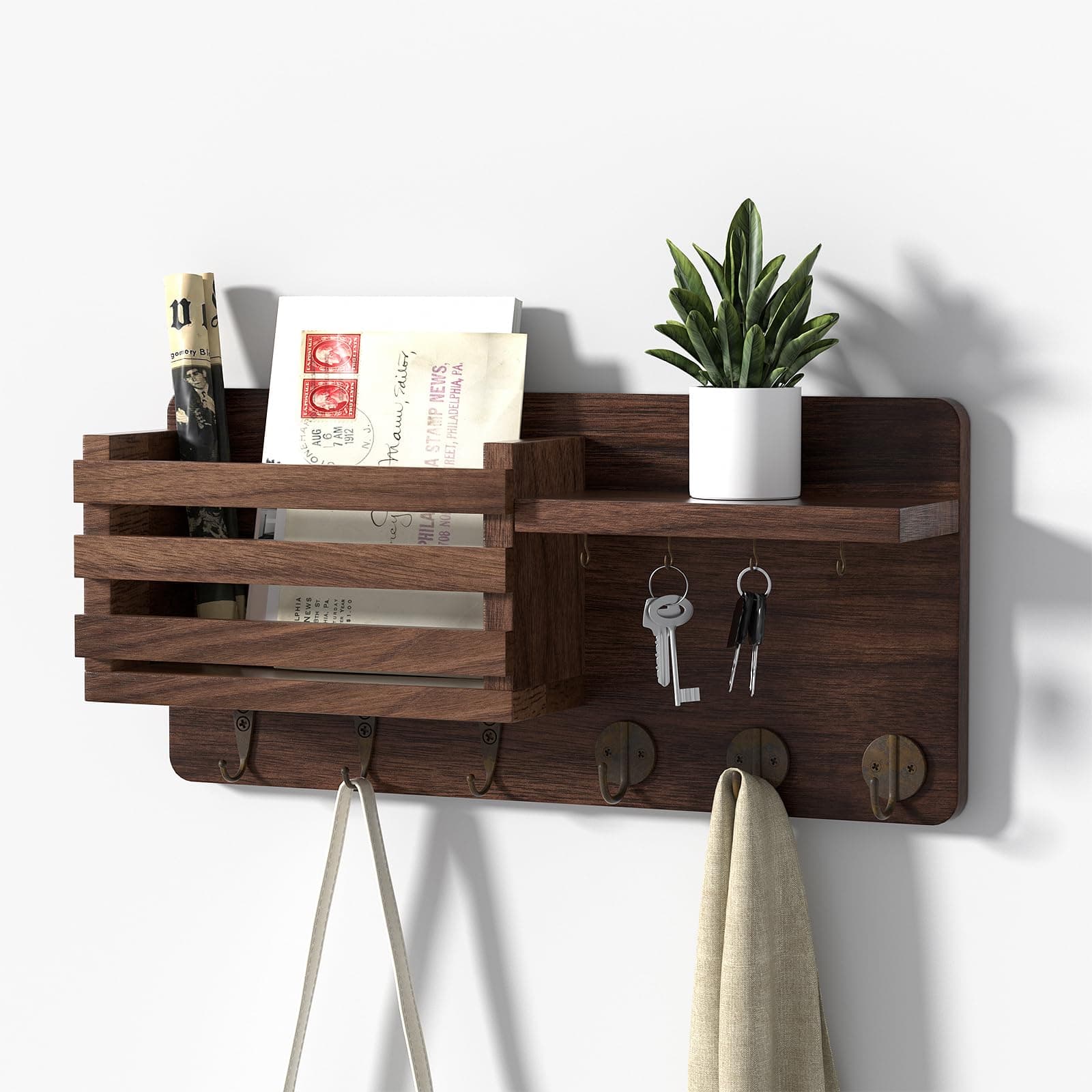 Wall Mount Mail Holder with 10 Key Hooks for Farmhouse Decor
| Modern Key Rack with Floating Shelf for Hallway Storage