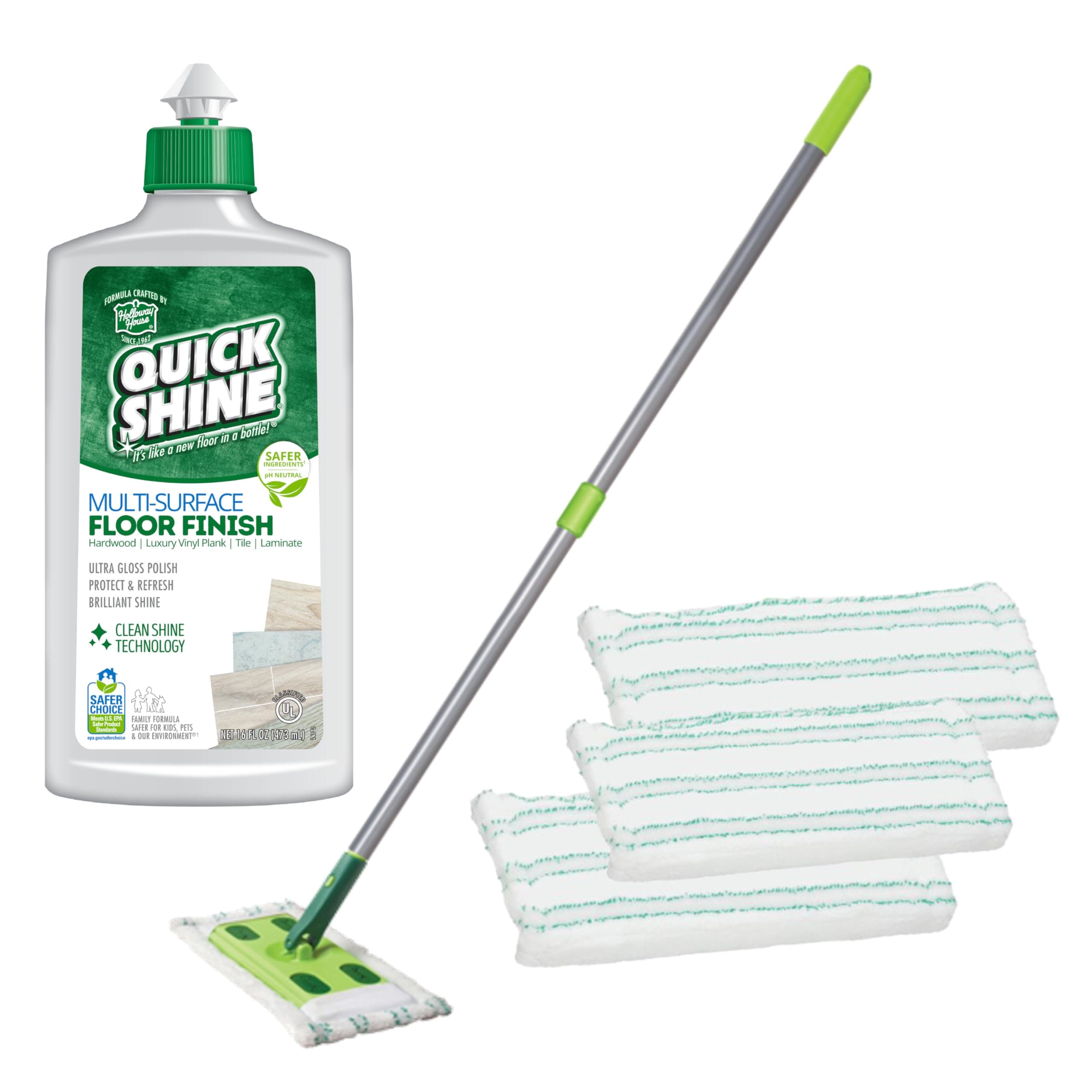 Quick Shine Multi Surface Floor Clean + Polish Mop Kit for Hardwood, Luxury Vinyl Plank, Laminate | Wet + Dry Use | Safe