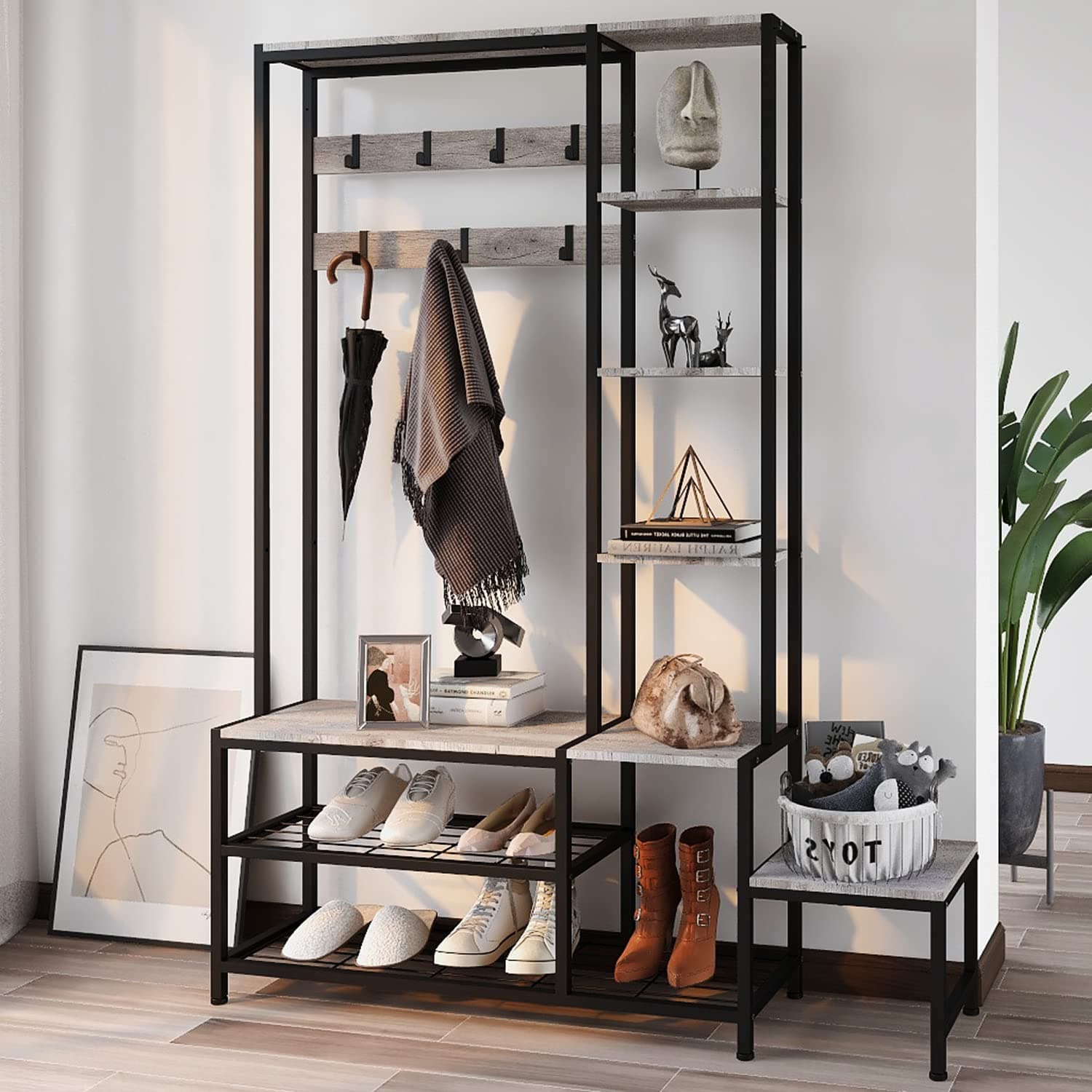 5-in-1 Industrial Hall Tree with Shoe Storage Bench Coat RackSmall Cute Side Bench with 7 Hooks and 4 Tier Storage Shelv