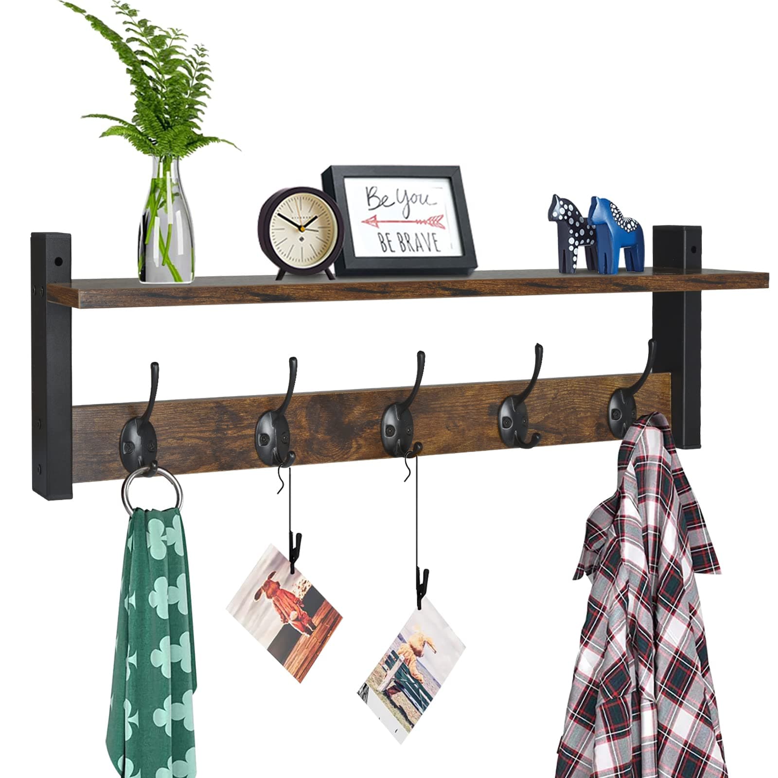 Homede Coat Rack with Wall Mount, Rustic Brown Black, 24 Inch Long Entryway Wall Shelf with Hooks, Wood Hanger with Stor