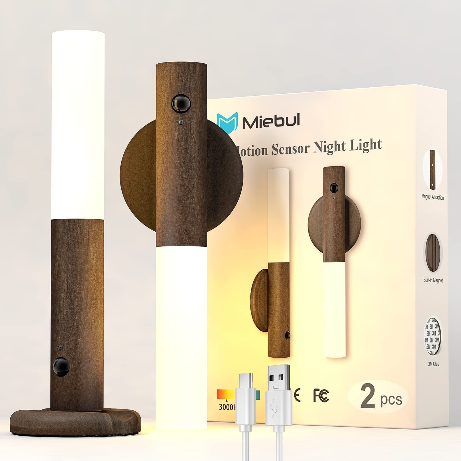 Miebul Rechargeable Motion Sensor Light Indoor Magnetic LED Wall Lights for Bedroom Corridor Staircase (Walnut Wood 2PCS