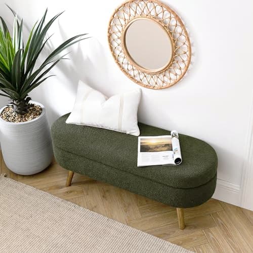Dark Green Linen Fabric Upholstered Oval Storage Bench with Solid Wood Legs for Living Room/Bedroom/End of Bed/Entryway