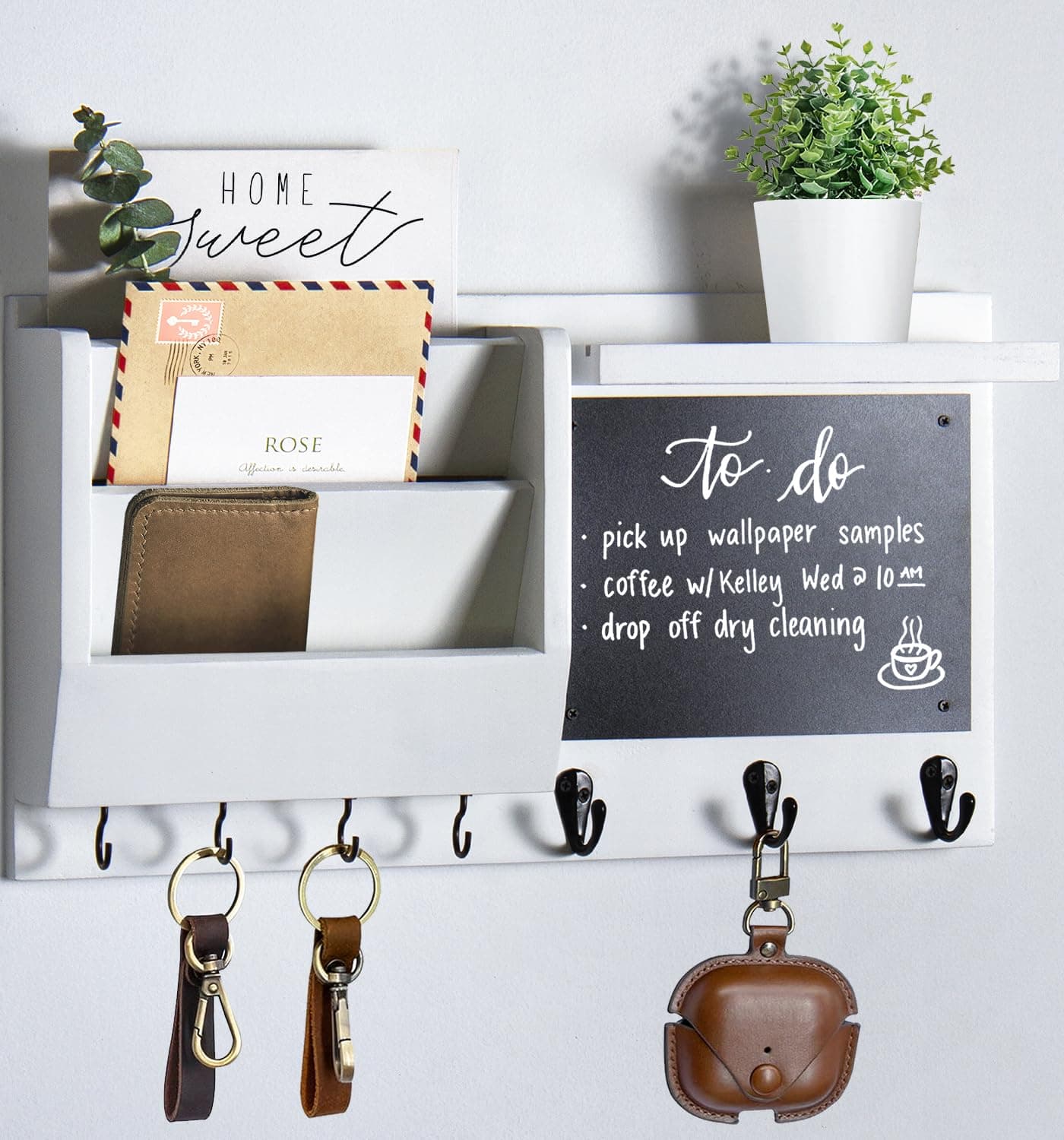 Wall Mount Key Holder Organizer - Decorative Hanging Rack with Hooks for Home Entry Living Room Storage