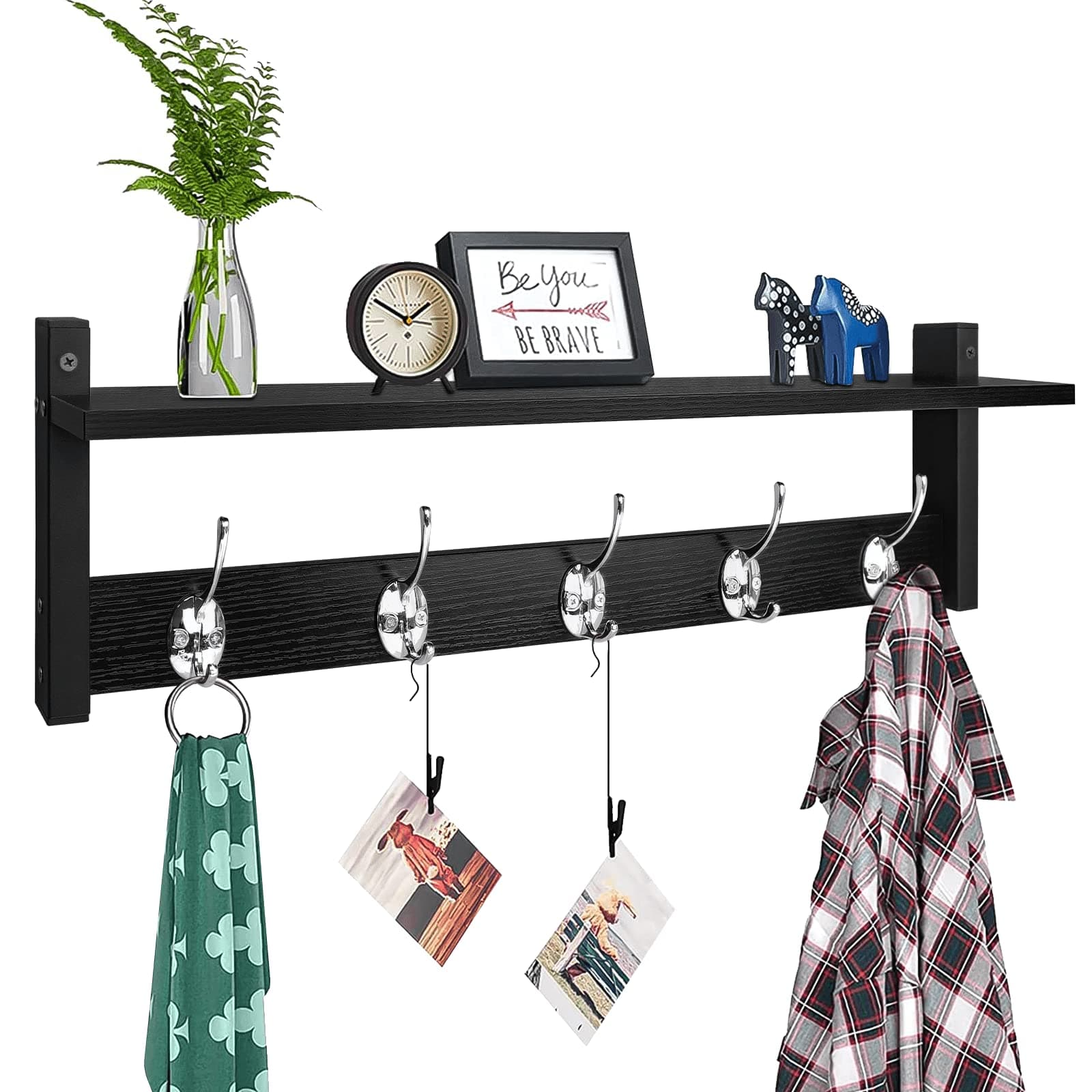 Homode Black Wall Mount Coat Rack with Shelf, 24" Long Entryway Organizer, Wooden Hooks for Hats, Towels, Clothes