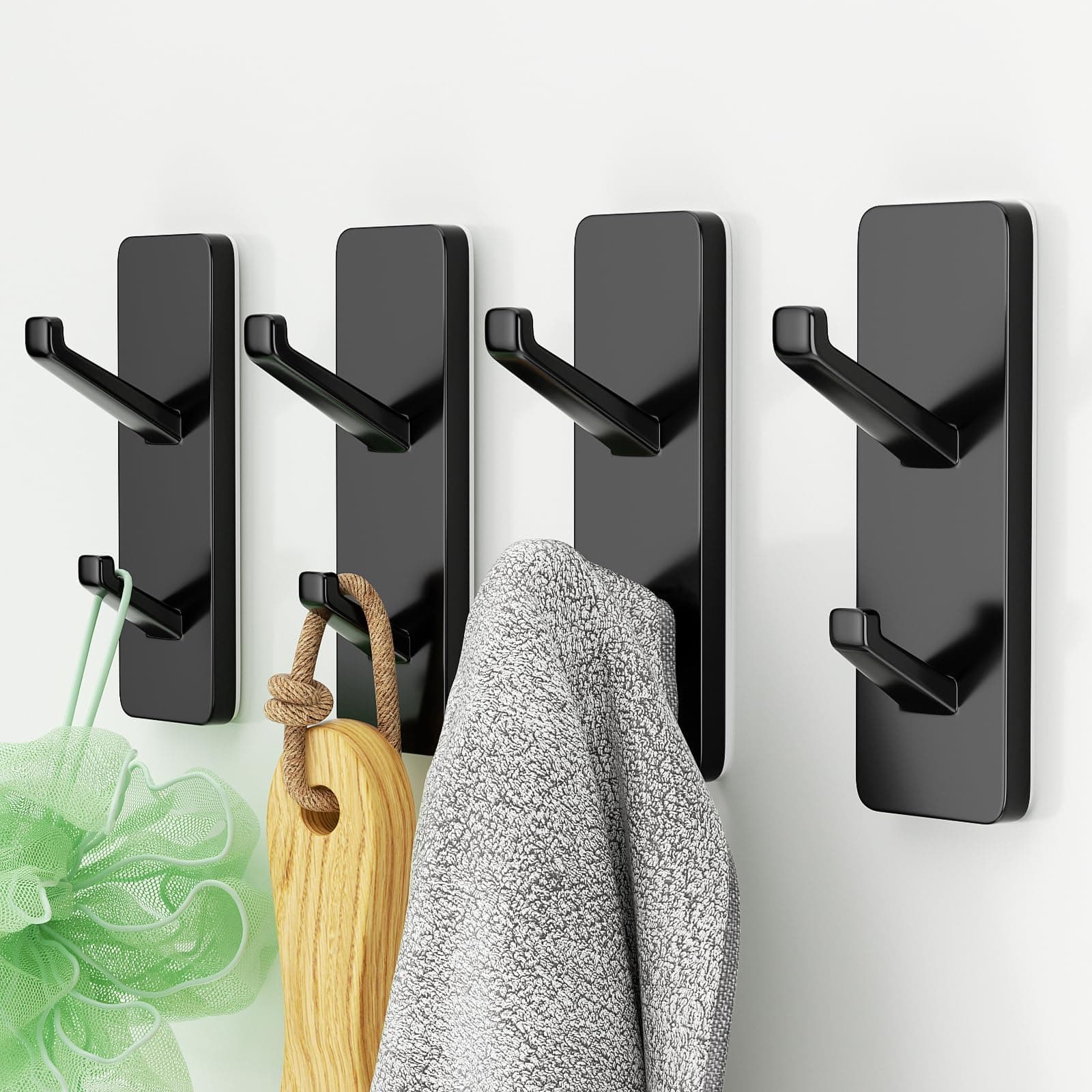 Self-Adhesive Black Metal Wall Hooks - 4 Pack for Bathrooms, Shower, Kitchen & Doors: Hold up to 13 LB