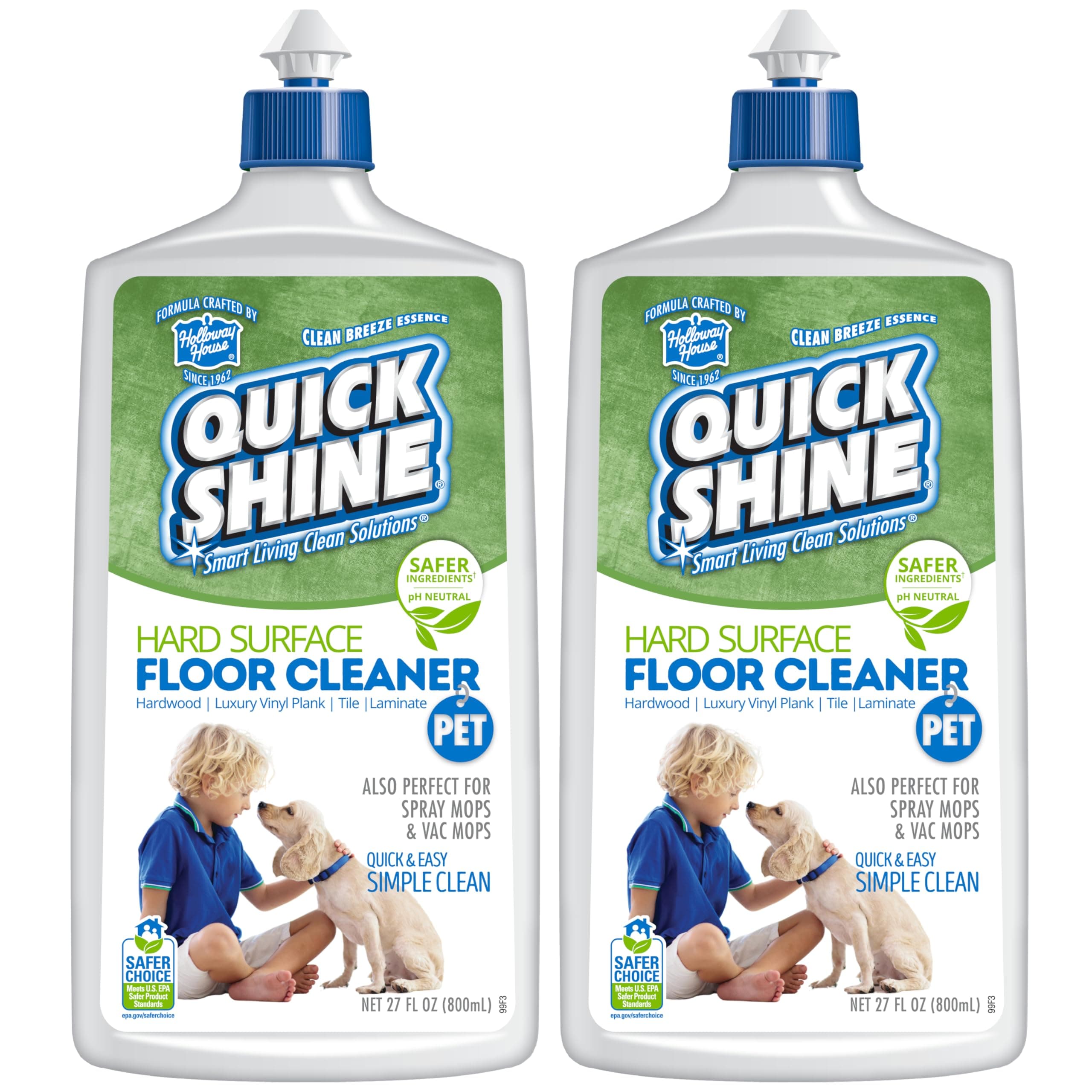 Quick Shine Plant Based Pet Floor Cleaner 27 oz, 2Pk | Streak Free, No Rinse, Safer for Kids & Pets | Hardwood, Laminate