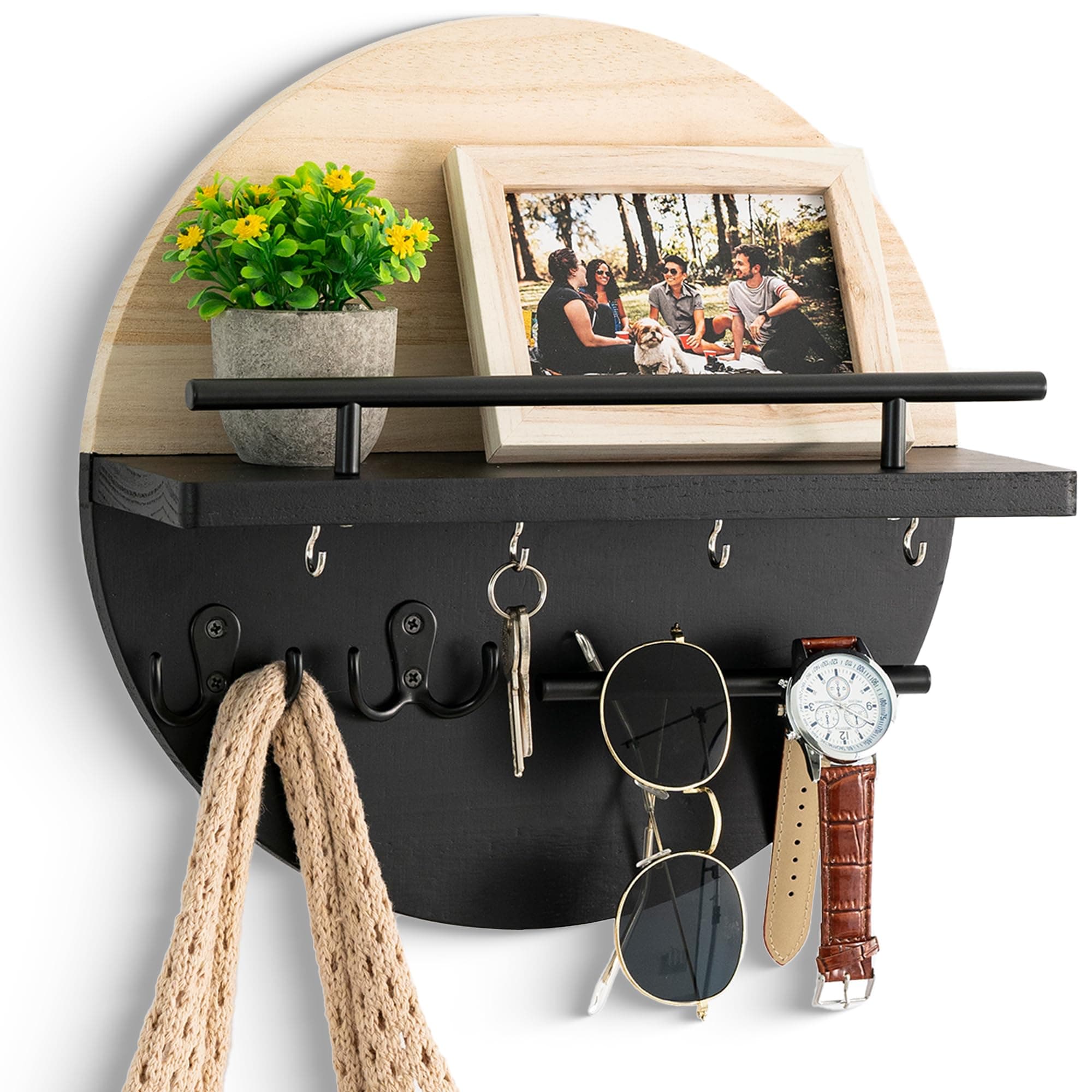 Wall Decorative Key Holder with Shelf and Hooks - Rustic Home Decor for Mail Organization and Entryway Organization
| M