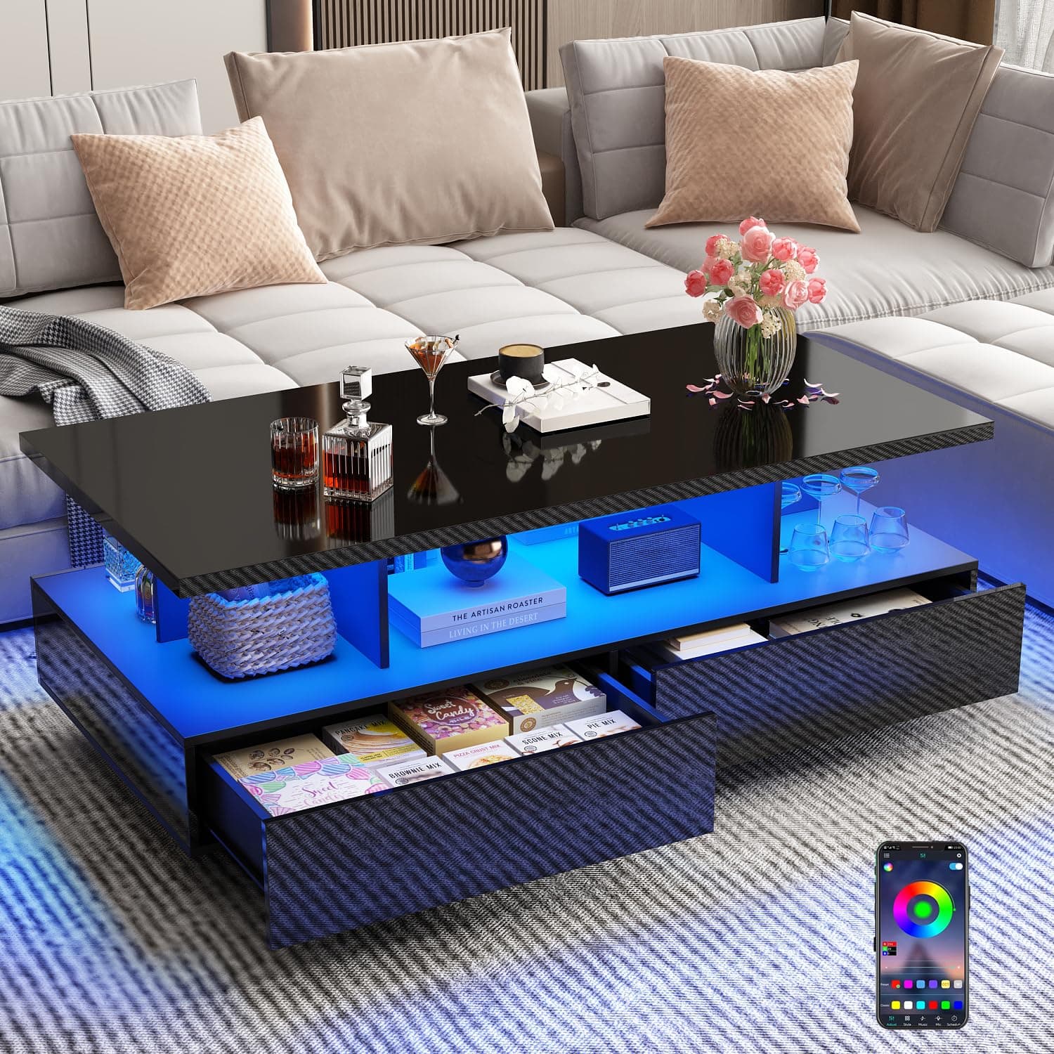 High Glossy Modern Black LED Coffee Table w/ App Control & 60,000-Color Lights for Living Room
| High Glossy Modern Bla