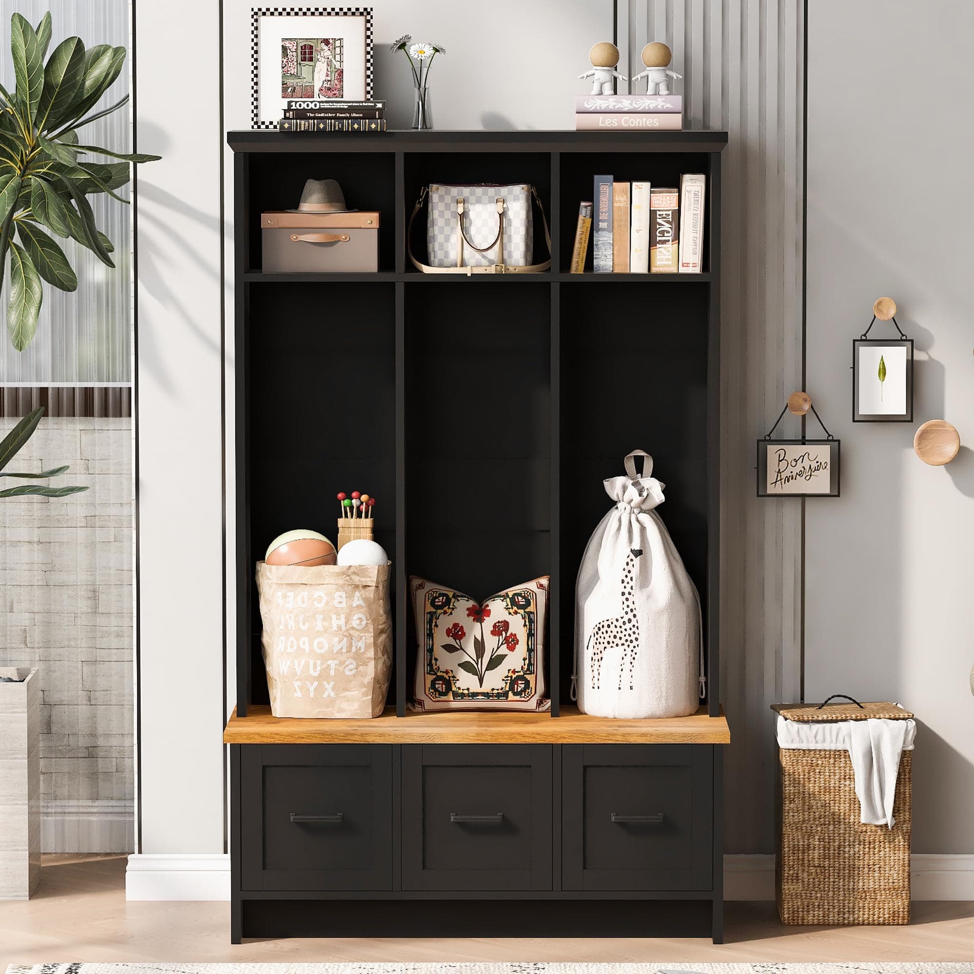 Modern Hall Tree with Entryway Bench, Storage, and Anti-Tipping Device for Living Room and Hallway, Black
