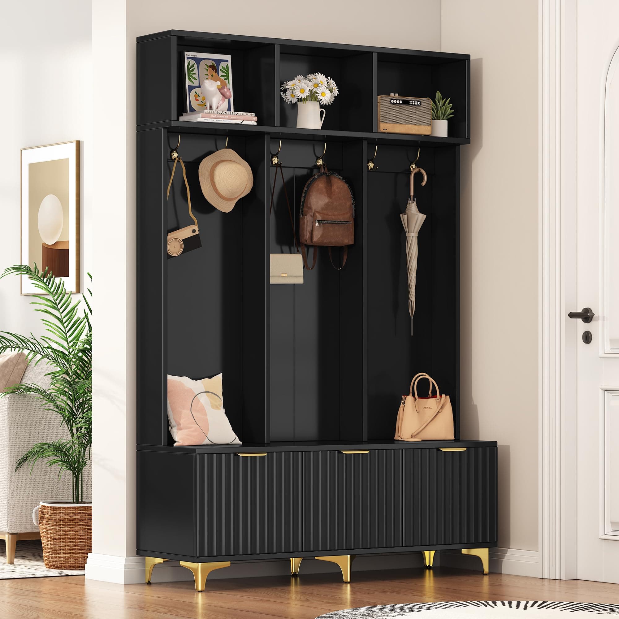 Merax Modern Large Storage Hall Tree with Bench, Multi-Functional with High Gloss Fluted Doors, Entryway Organizer with