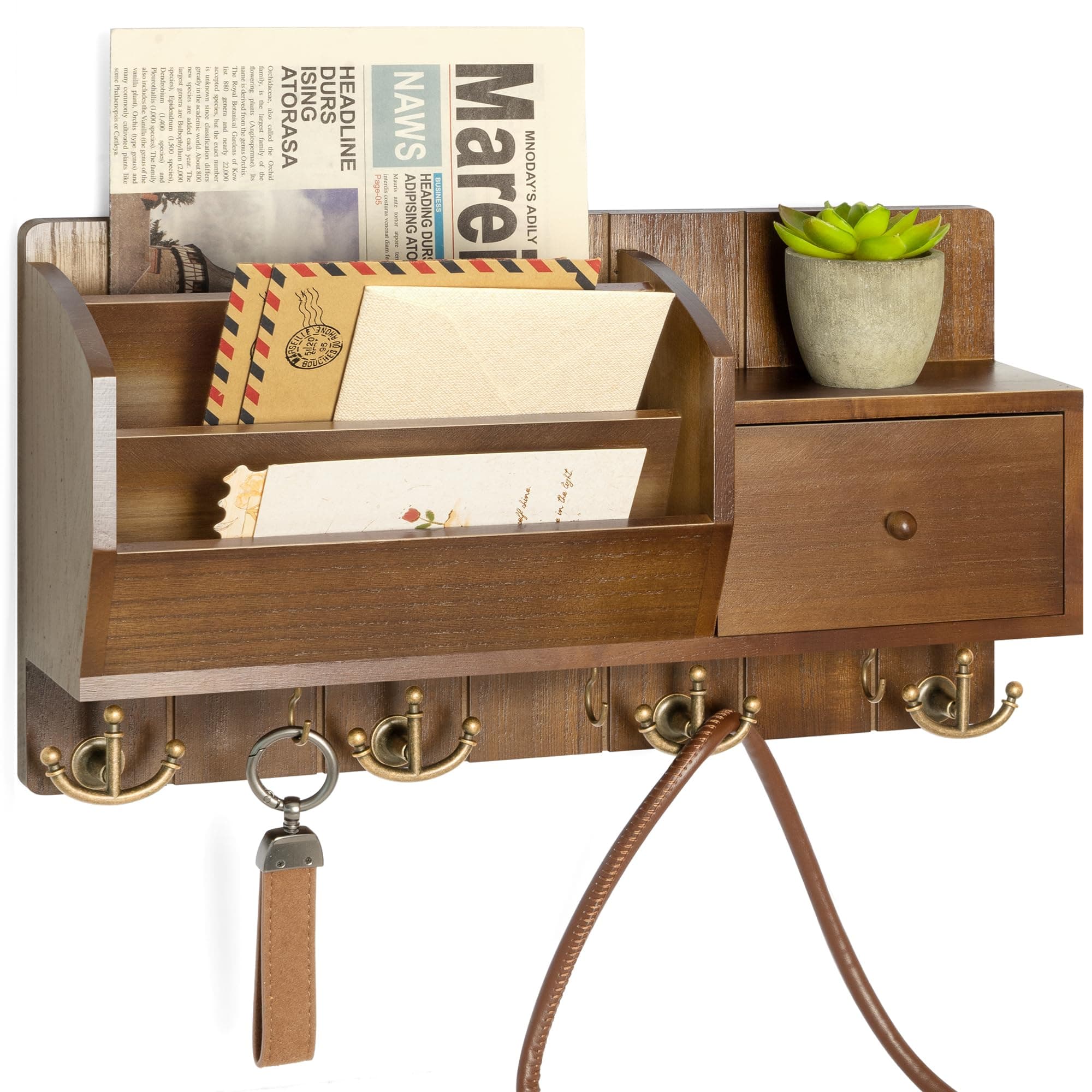 Modern Farmhouse Key Holder with Hooks and Mini Drawer - Rustic Apartment Essentials for Home Improvement (Brown & Golde