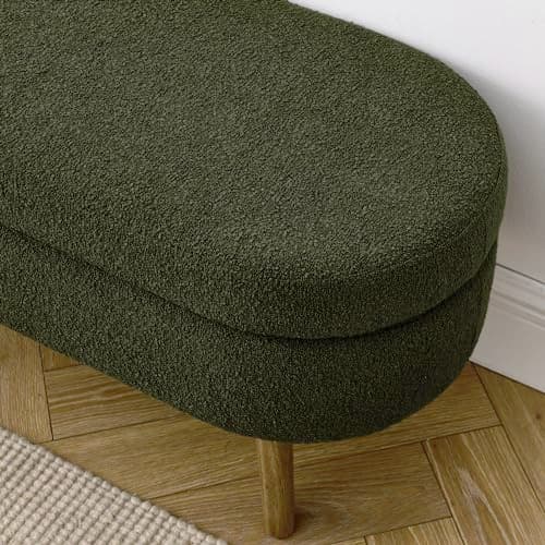 Dark Green Linen Fabric Upholstered Oval Storage Bench with Solid Wood Legs for Living Room/Bedroom/End of Bed/Entryway