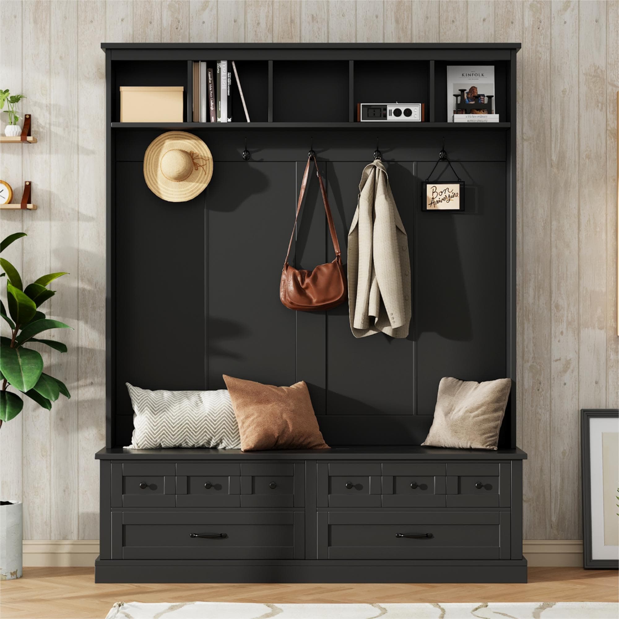 Wide Hall Tree with Lift Top Storage Bench and Drawers for Living Room, Retro Wooden Entrance Organizer with Hooks and O