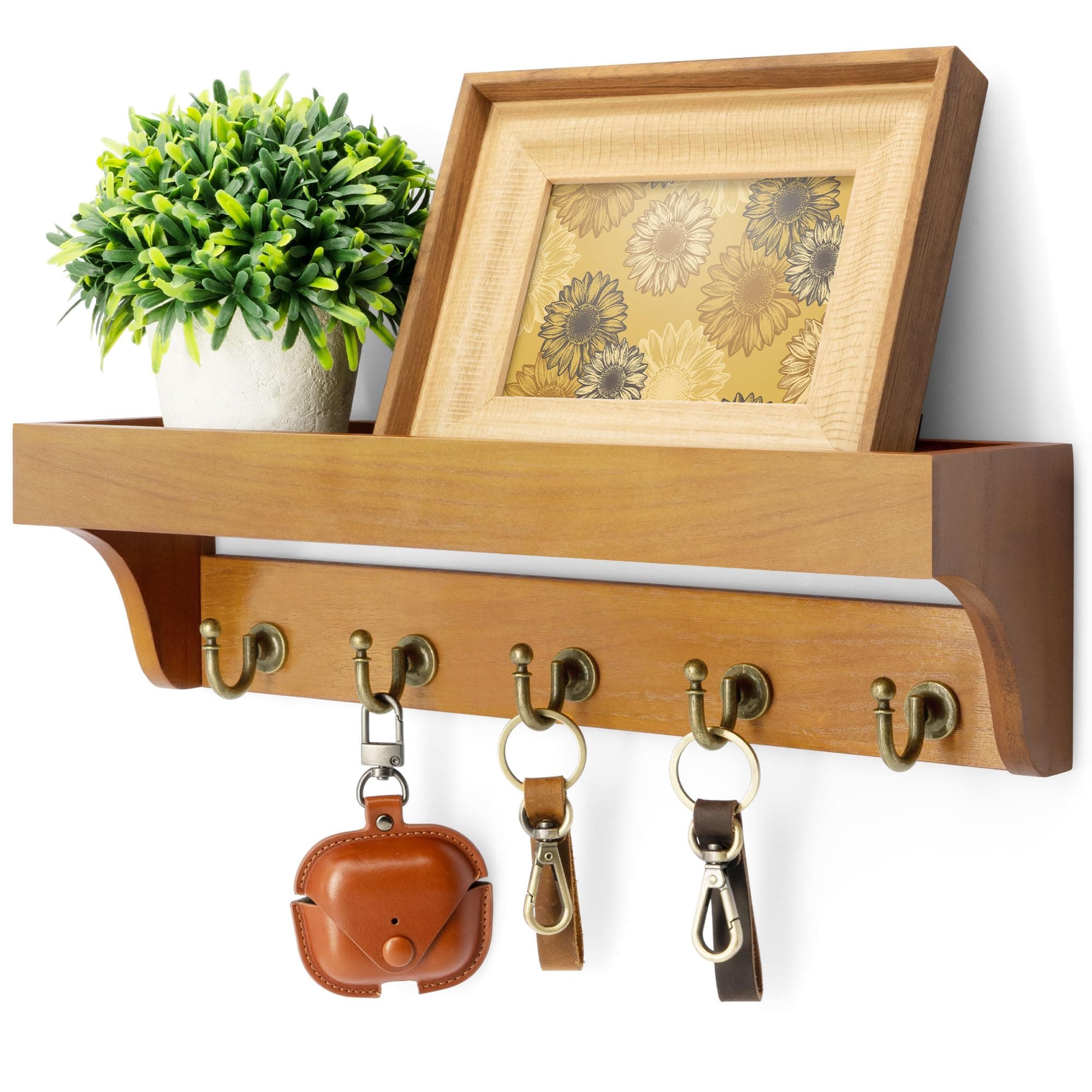 Rebee Vision Farmhouse Mail Rack for Home Decor: Wall Mount Key Holder with Shelf (Light Brown)