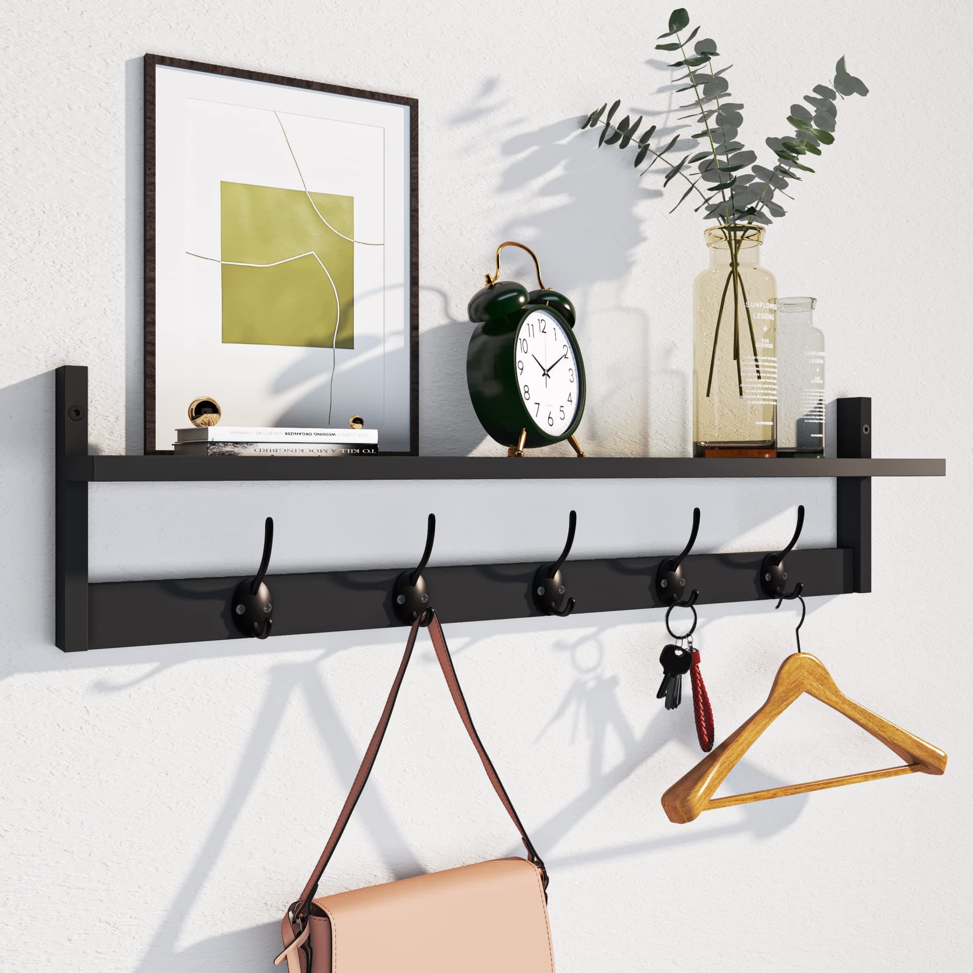 Ambird Stylish Wall Hooks with Shelf for Living Room and Bedroom (5 Dual Hooks)
| Ambird Hanging Wood Coat Hooks with S