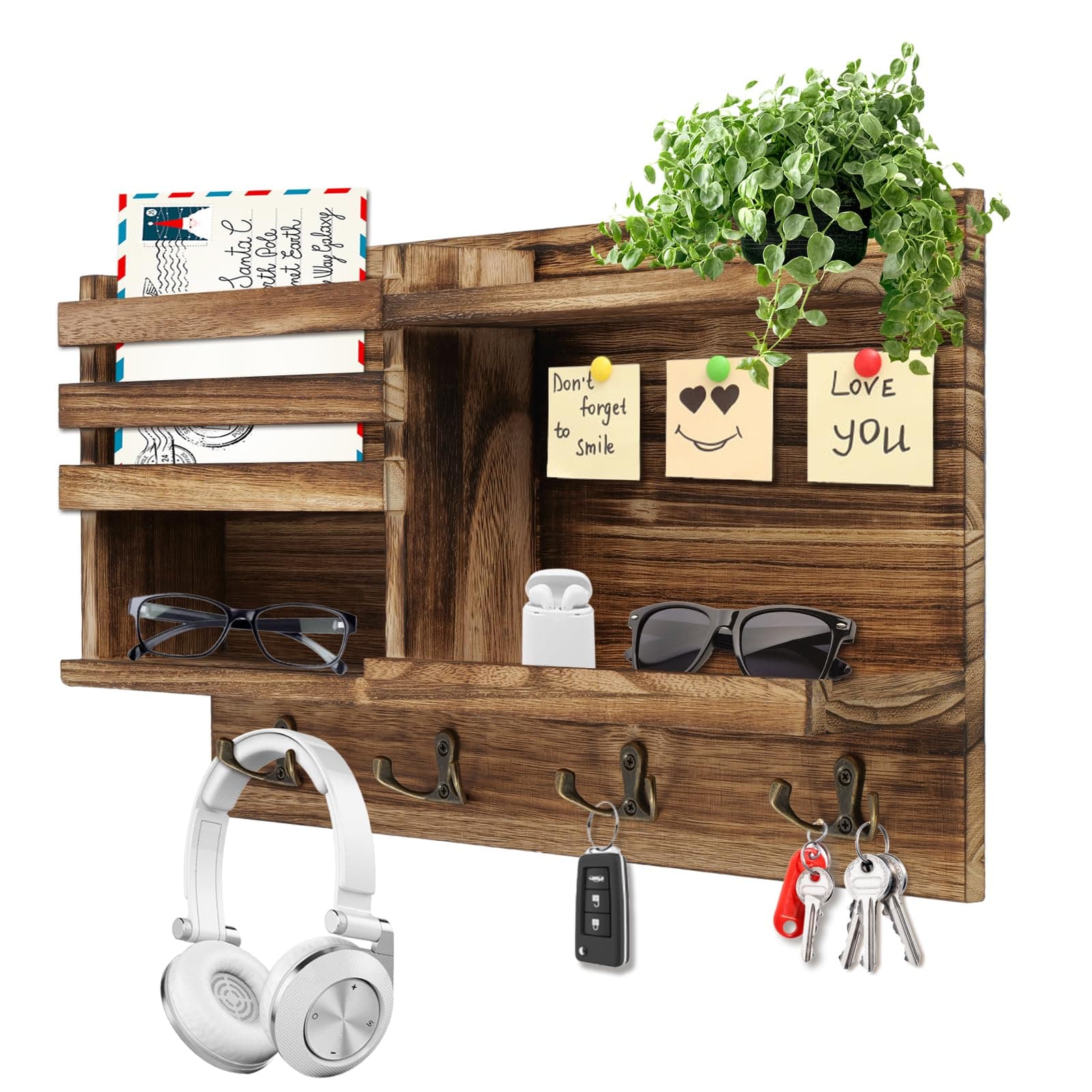 Solid Wood Wall Mount Key Holder and Mail Organizer (Burnt Brown)
| Self Adhesive or Drill Mounted 8 Hook Key Rack (Bur