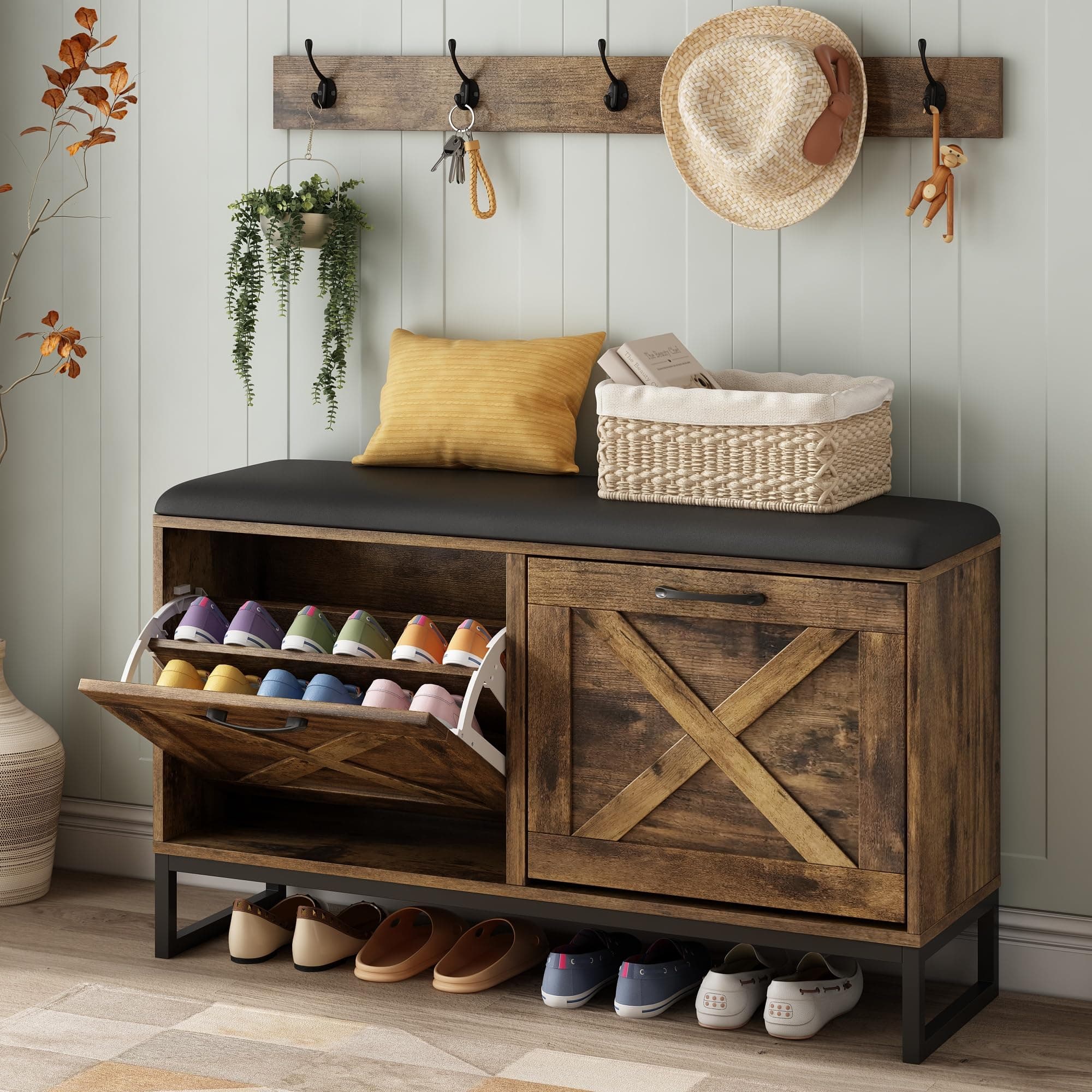 Maupvit Rustic Brown Shoe Cabinet with 2 Flip Drawers and Coat Rack
| Maupvit Shoe Storage Bench with Seat Cushion and
