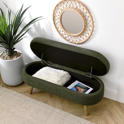Dark Green Linen Fabric Upholstered Oval Storage Bench with Solid Wood Legs for Living Room/Bedroom/End of Bed/Entryway