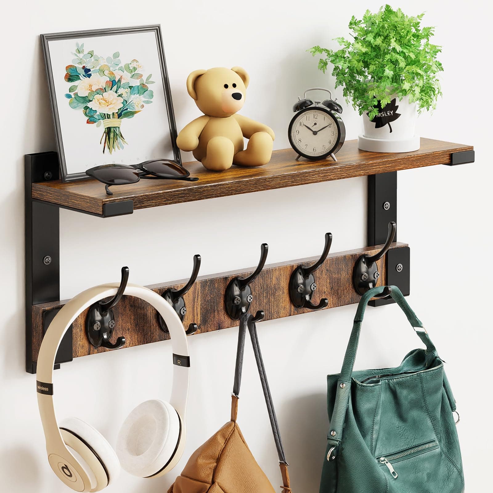 Wall Hooks with Shelf for Coat Rack Hanging in Entryway, Living Room, and Bedroom
| Coat Backpack Key Hanger Wall Mount