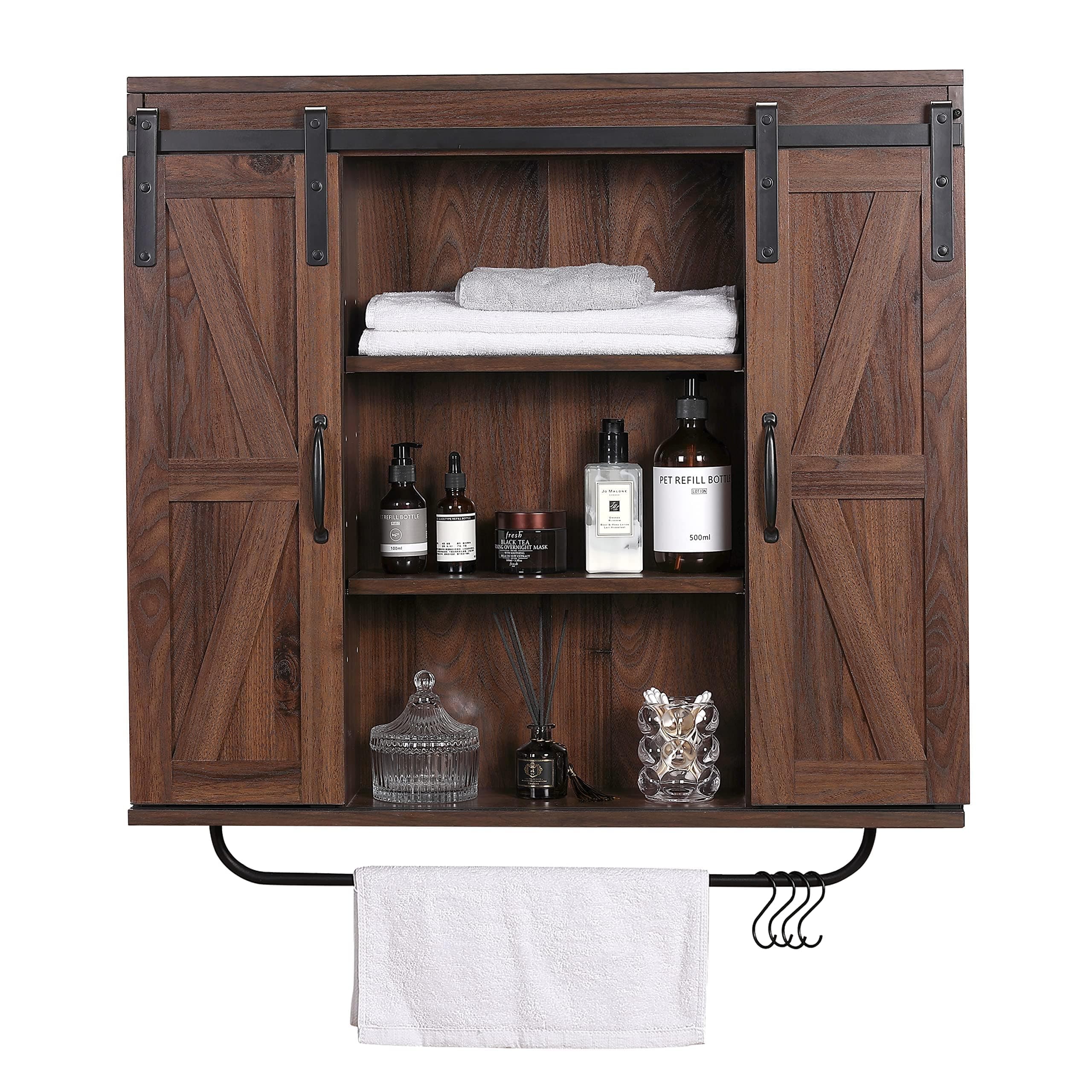 RUSTOWN Dark Walnut Rustic Wood Wall Storage Cabinet with Two Sliding Barn Door, 3-Tier Decorative Farmhouse Vintage Cab